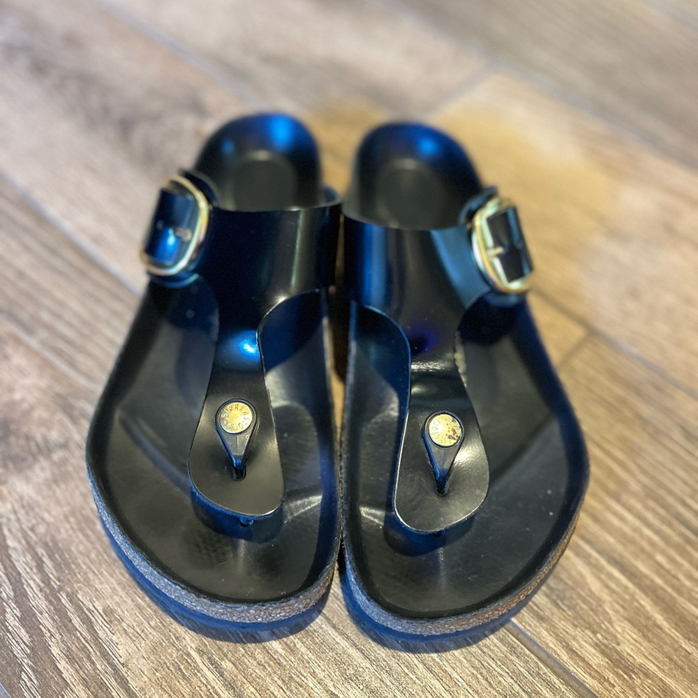 Birkenstock Black Sandals with Gold Accent